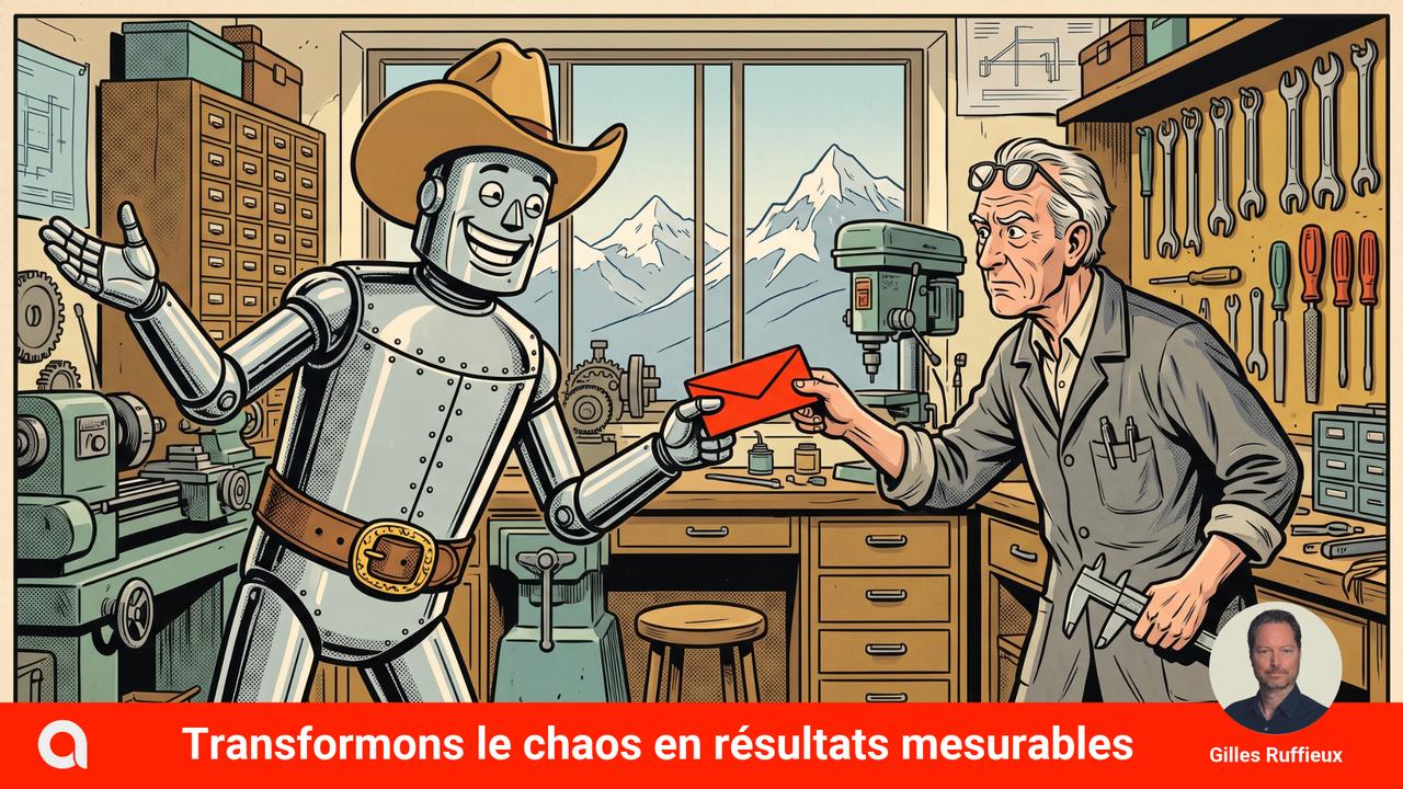 Un robot cowboy tend une enveloppe à un artisan horloger méfiant dans son atelier