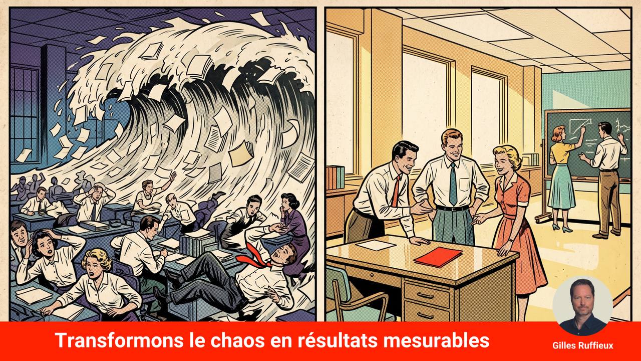 Une vague de documents submerge un bureau, puis une équipe sereine travaille ensemble : transformer le chaos en résultats mesurables