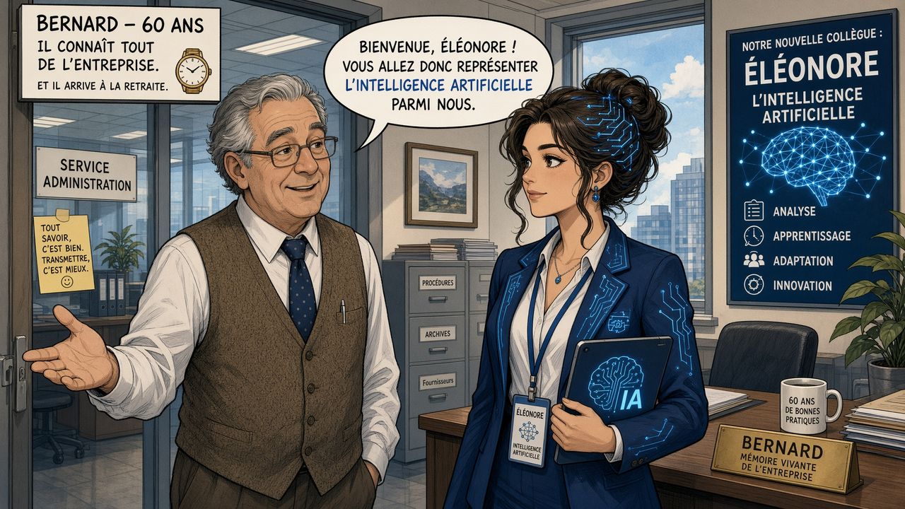 Bernard accueille Éléonore, la nouvelle collègue qui représente l'intelligence artificielle