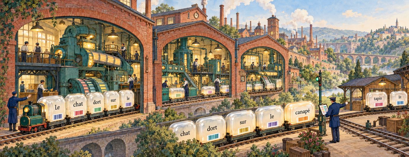 Un petit train transporte les morceaux de la phrase dans des capsules, à travers une succession d'usines