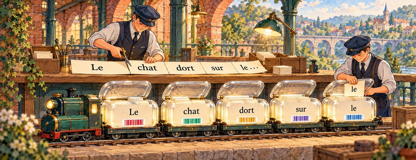Au guichet, un préparateur découpe la phrase en morceaux et place chacun dans une capsule
