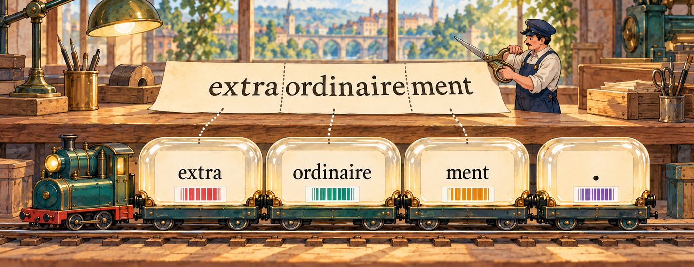 Le mot extraordinairement réparti en trois capsules, extra, ordinaire et ment, suivies d'un point