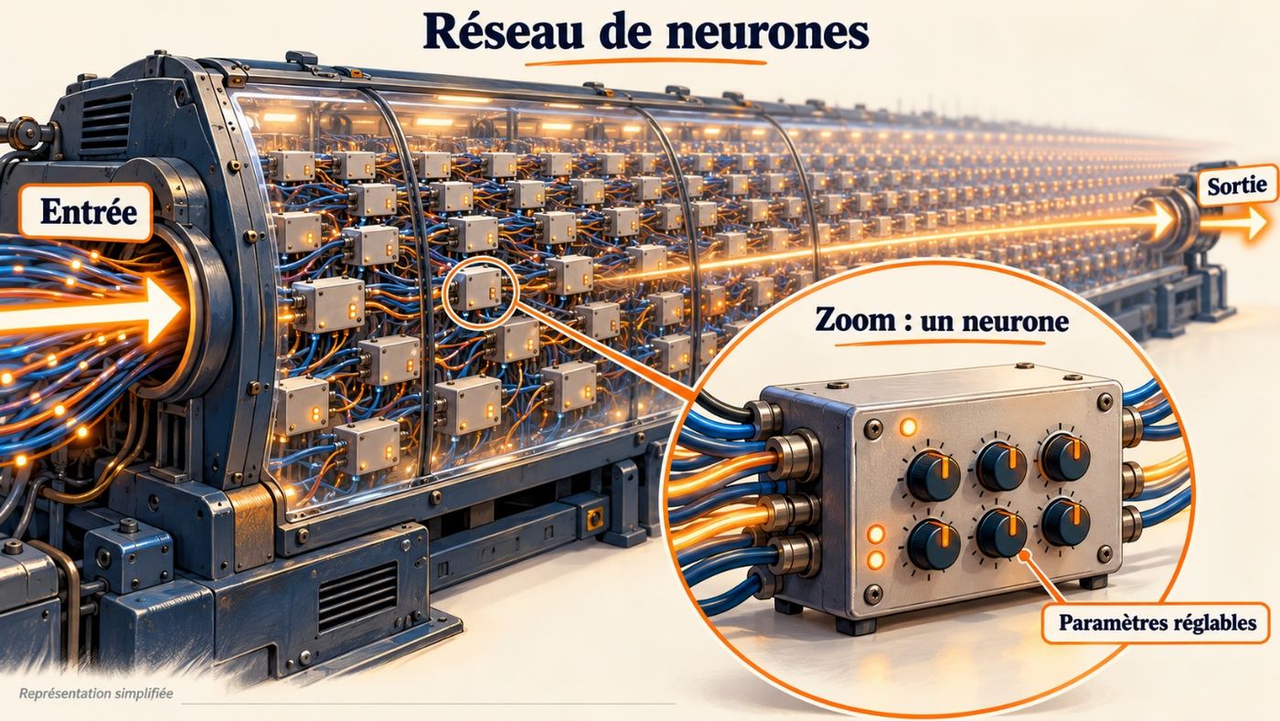 Un réseau de neurones représenté comme une grande machine faite de petites boîtes à boutons réglables