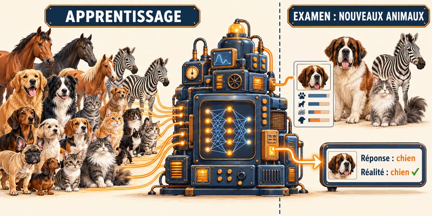 L'apprentissage sur des milliers d'animaux, puis l'examen sur des animaux jamais vus