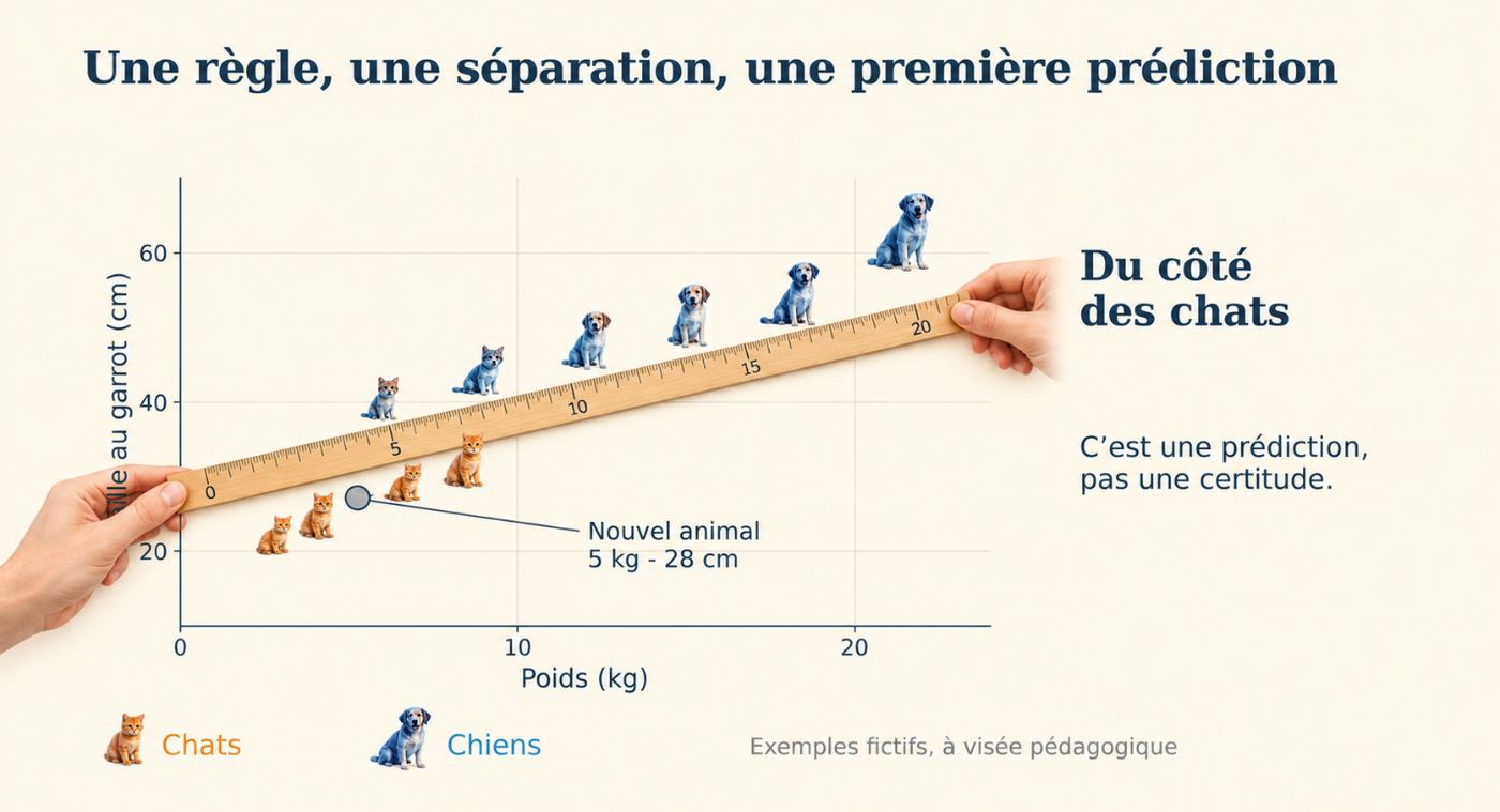 Une règle posée sur un graphique poids et taille sépare les chats des chiens