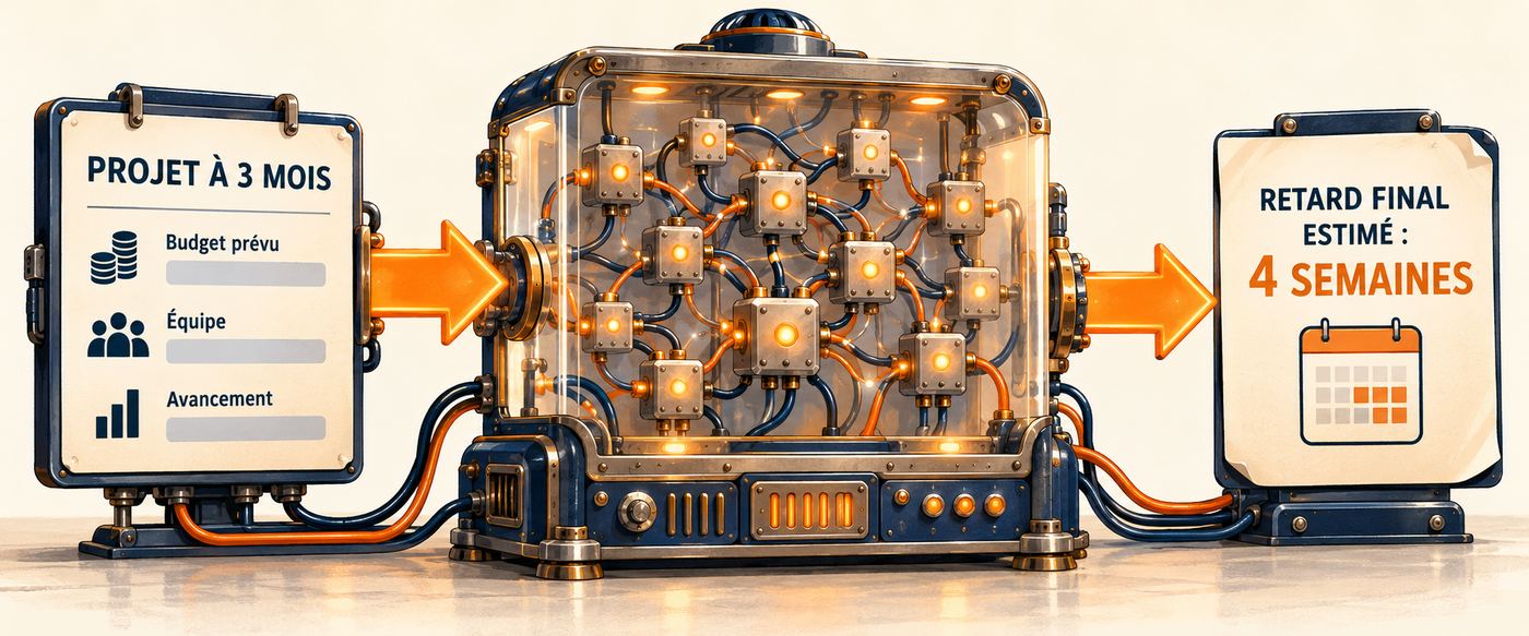 Une fiche projet à trois mois entre dans la machine, qui estime le retard final
