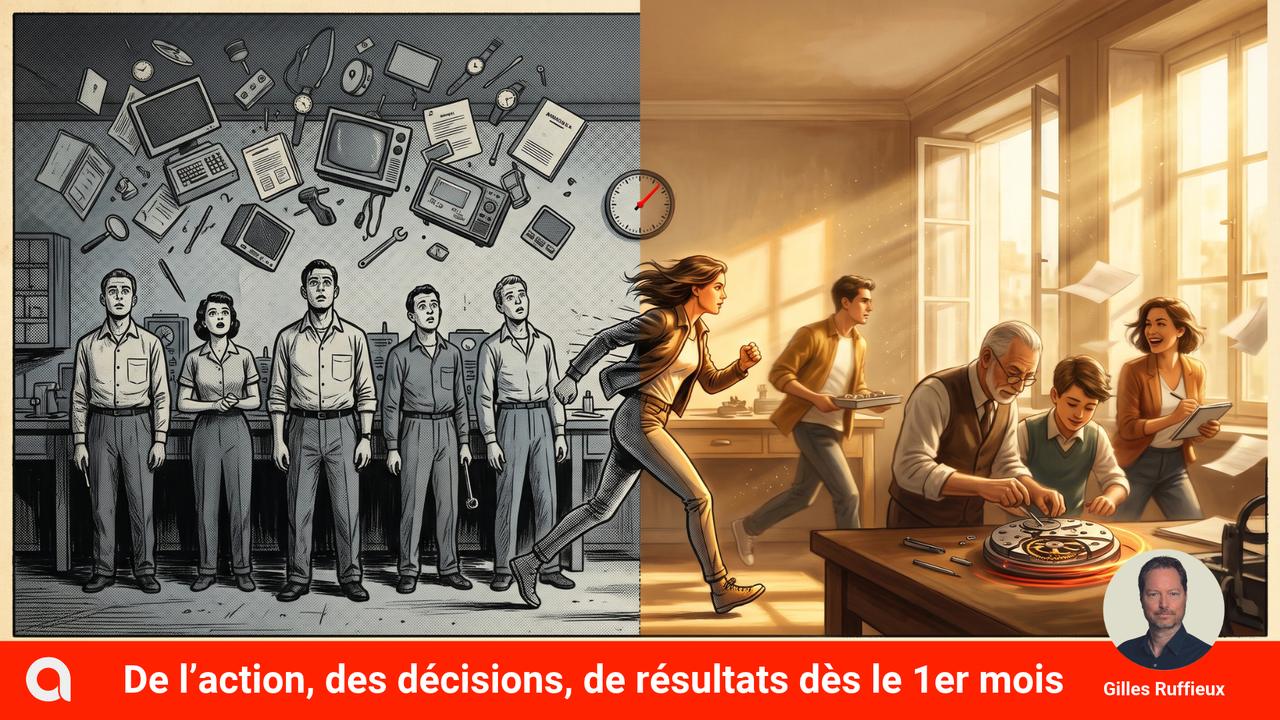Une équipe figée sous une pluie d'objets, puis une équipe qui se remet en mouvement autour d'un mouvement horloger