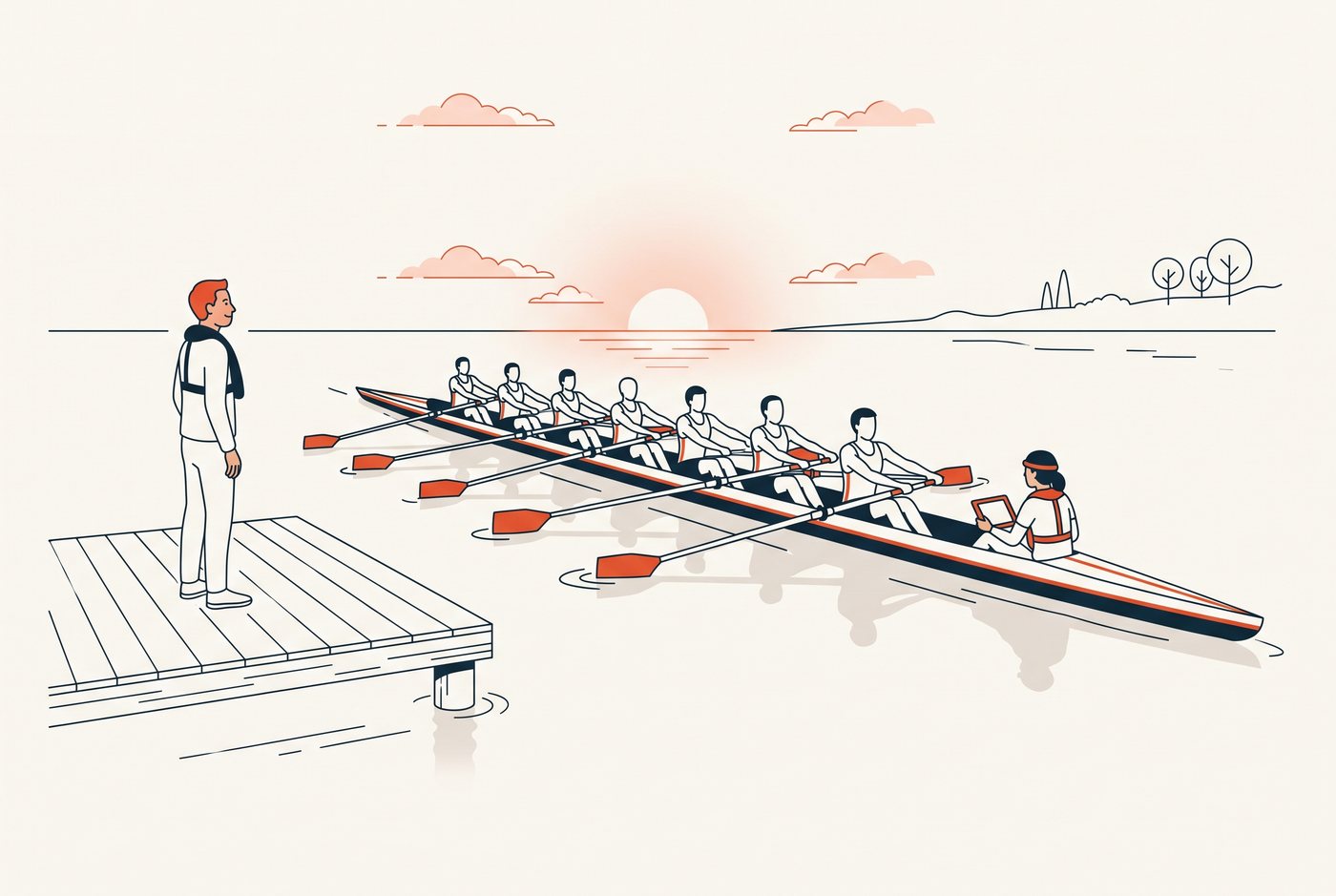 L'équipage rame aligné, un membre de l'équipe à la barre, le coach reste sur le ponton